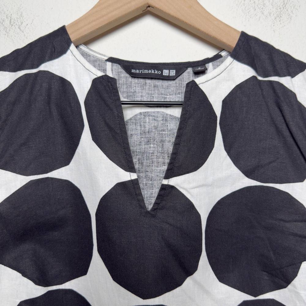 Marimekko x Uniqlo Women Linen Cotton Top Small Black White Kivet Polka Dot Art - Picture 4 of 7